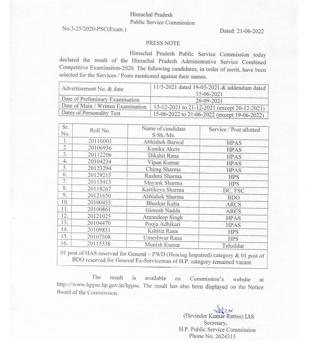 Himachal Pradesh declares HPAS Results,